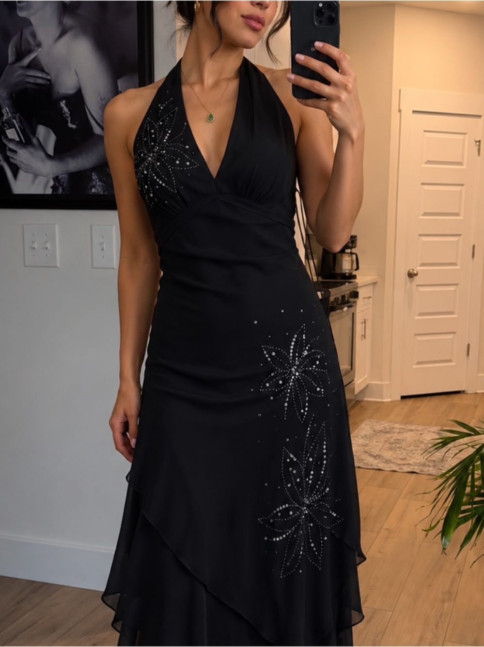 Vintage Nine West 100% Silk Beaded Halter
Asymmetrical Midi Dress Blac